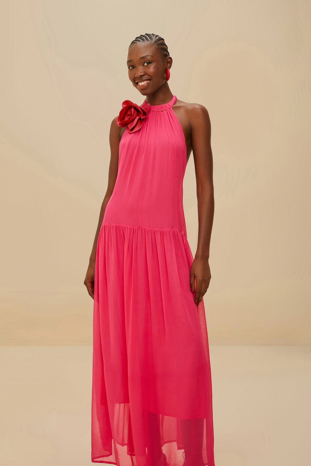  Pink Flower Halter Neck Maxi Dress