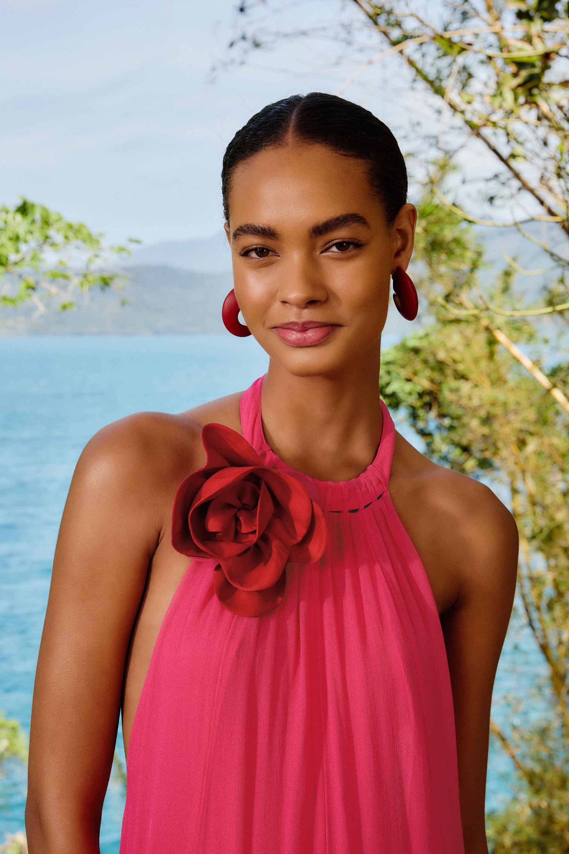  Pink Flower Halter Neck Maxi Dress