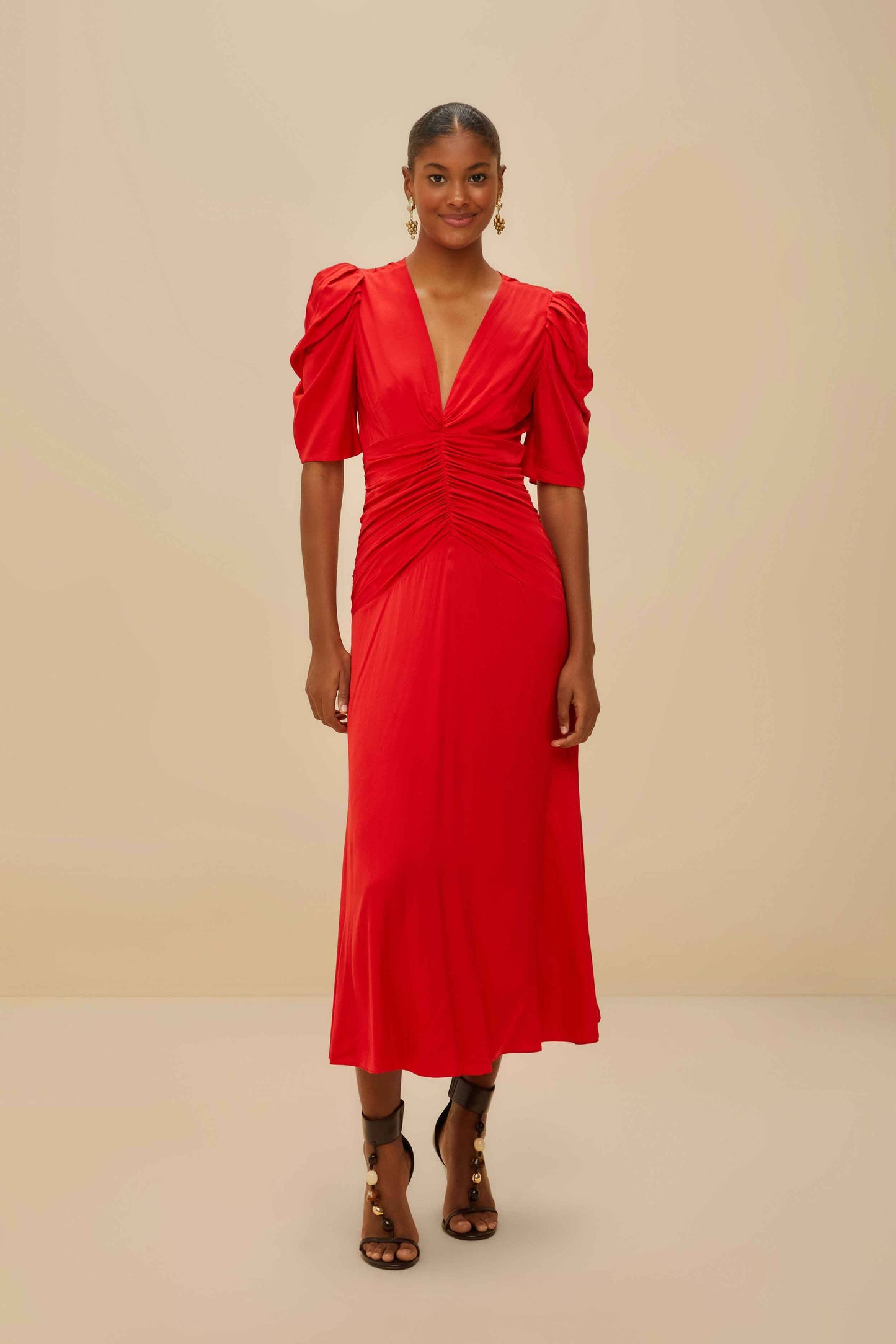  Red Gathered Midi Dress