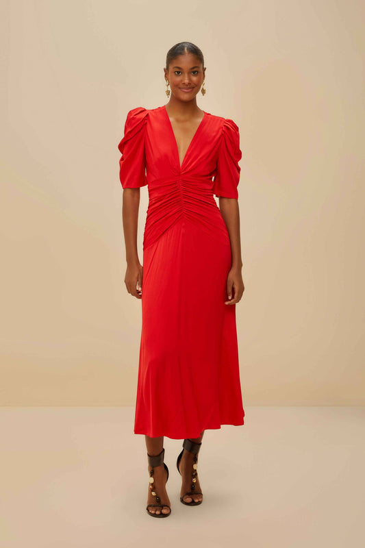 Red Gathered Midi Dress