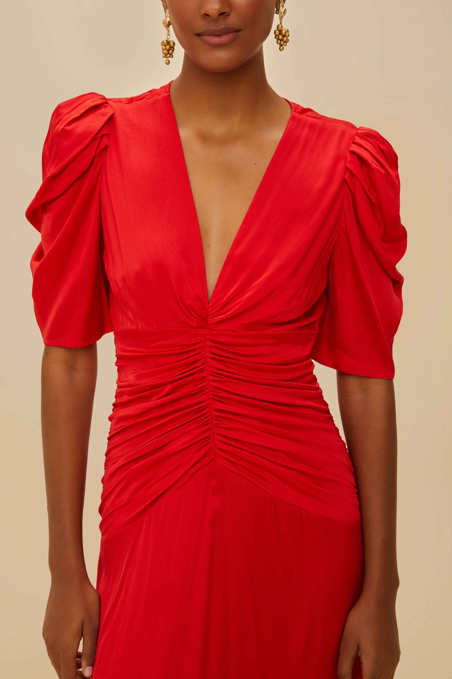 Red Gathered Midi Dress