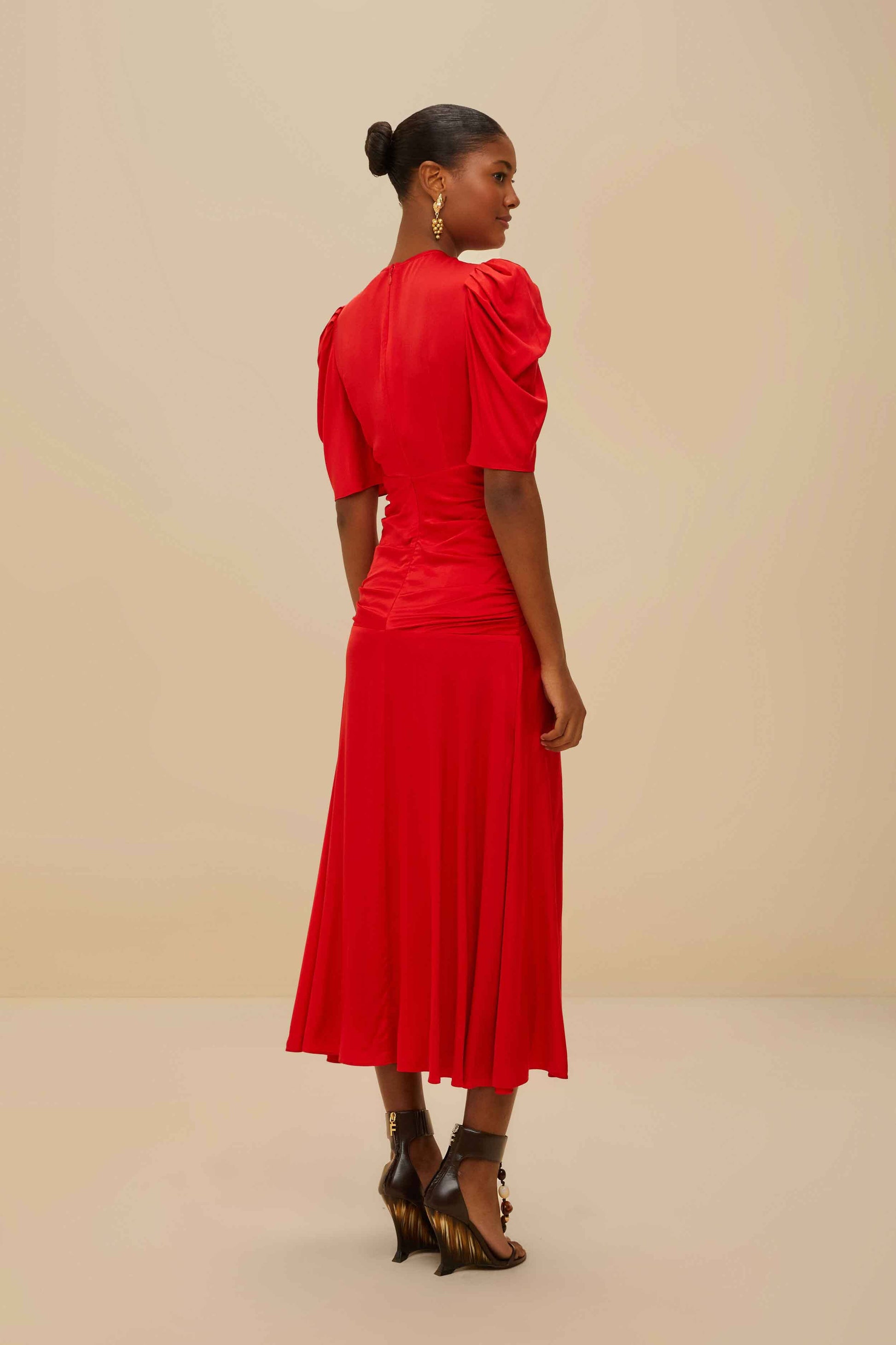  Red Gathered Midi Dress