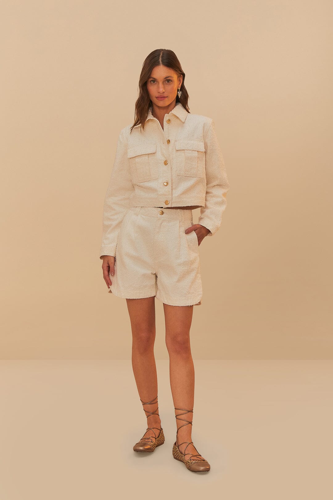  Off-White Twill Laser Pleated Shorts