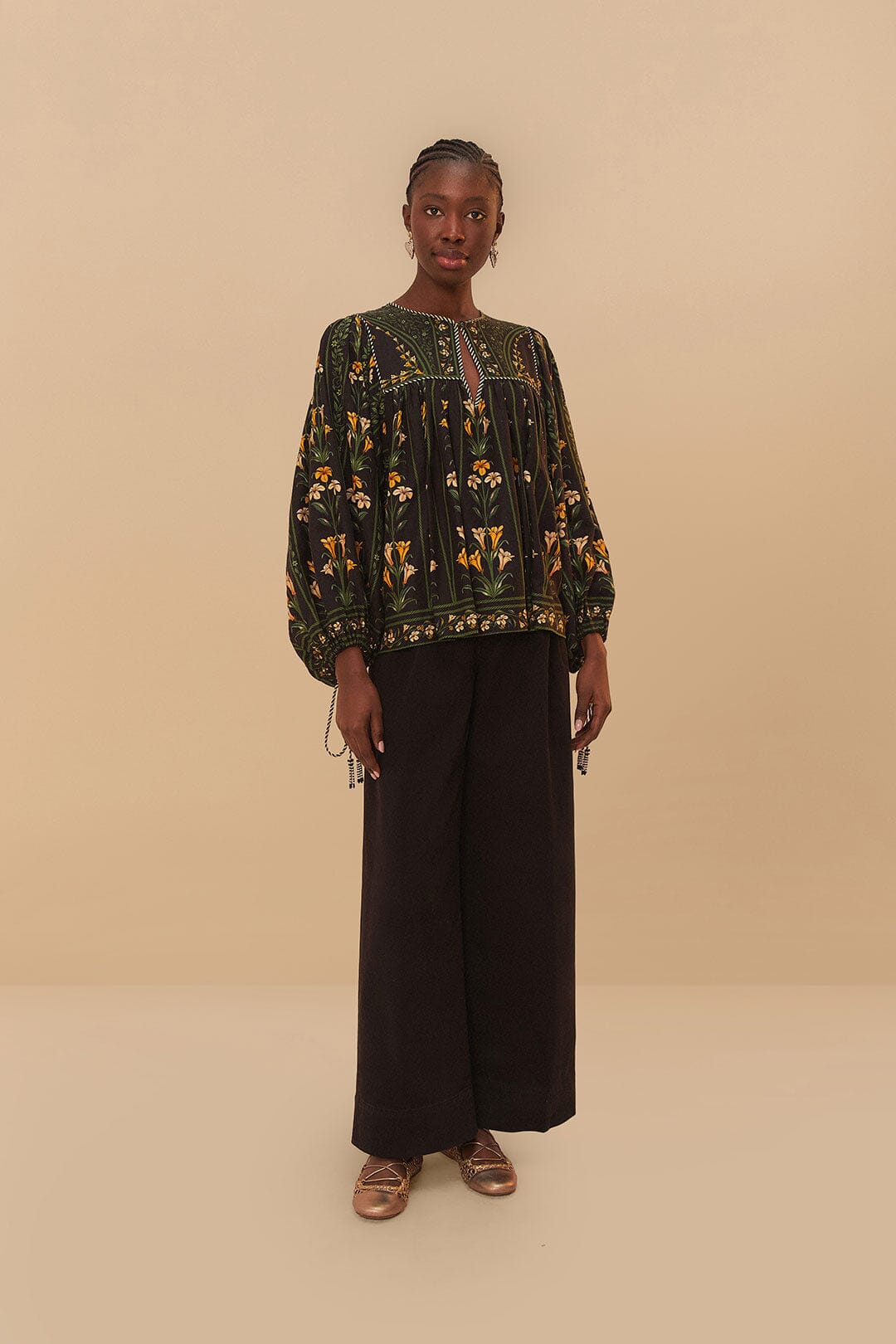  Black Twill Belted Wide Pants