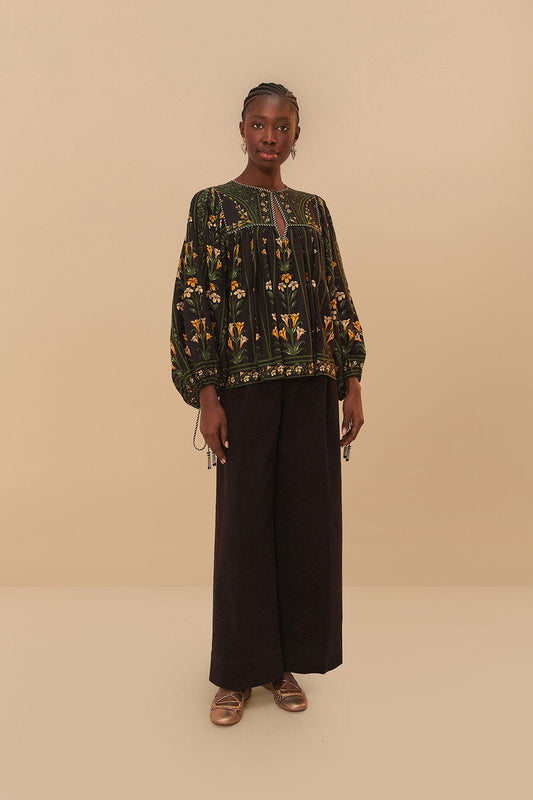  Black Twill Belted Wide Pants