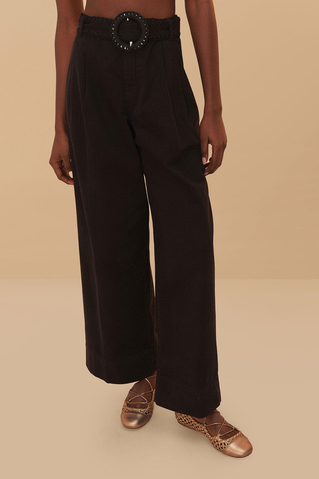  Black Twill Belted Wide Pants