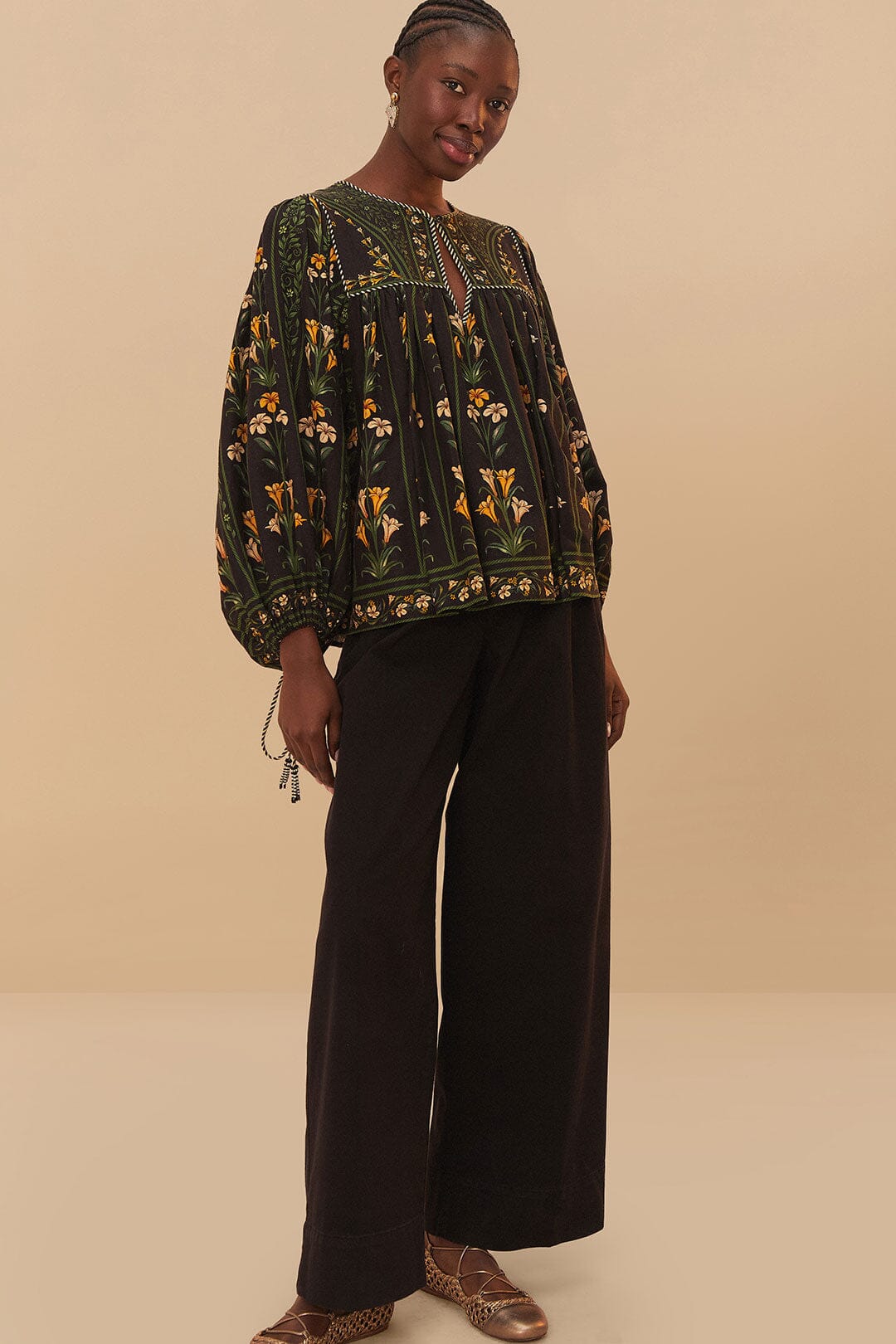  Black Twill Belted Wide Pants