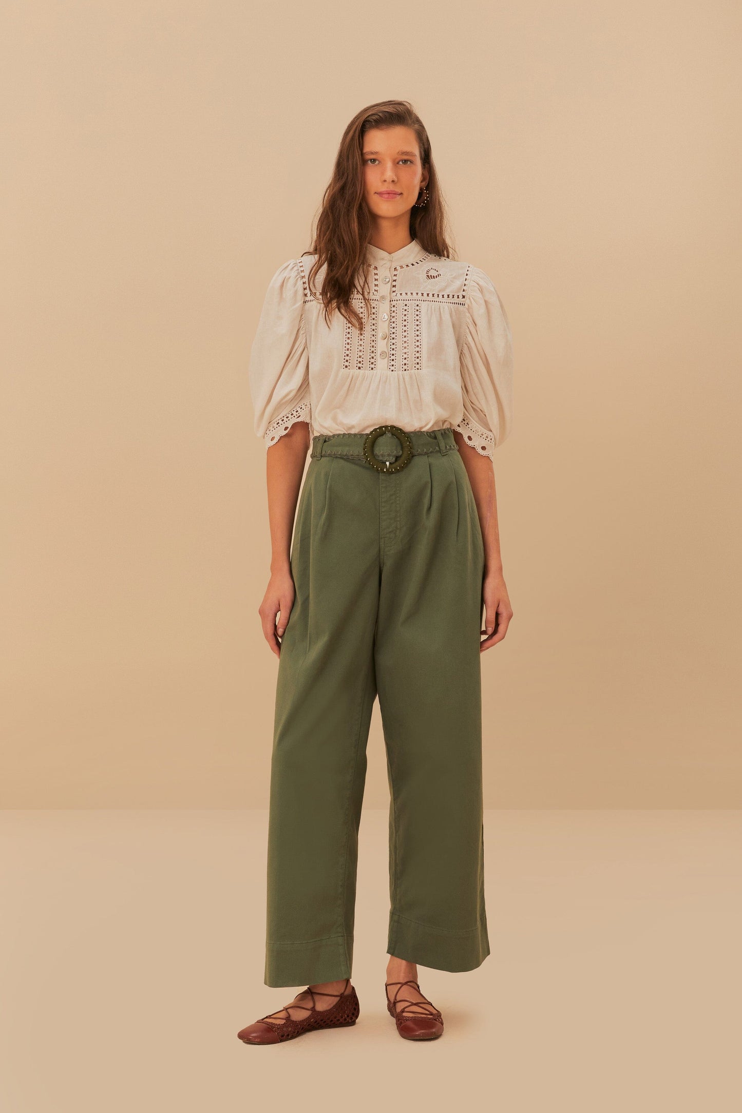  Green Twill Pleated Wide Pants