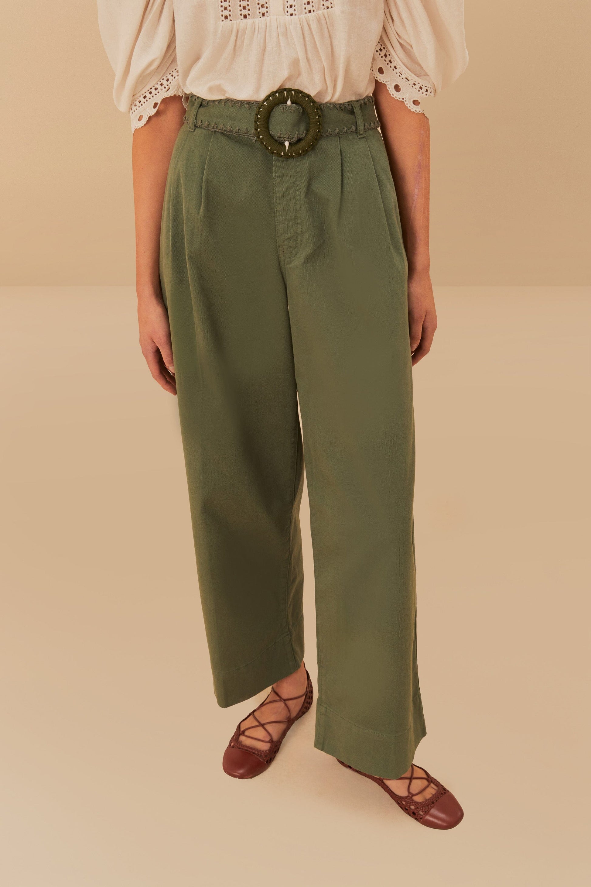  Green Twill Pleated Wide Pants