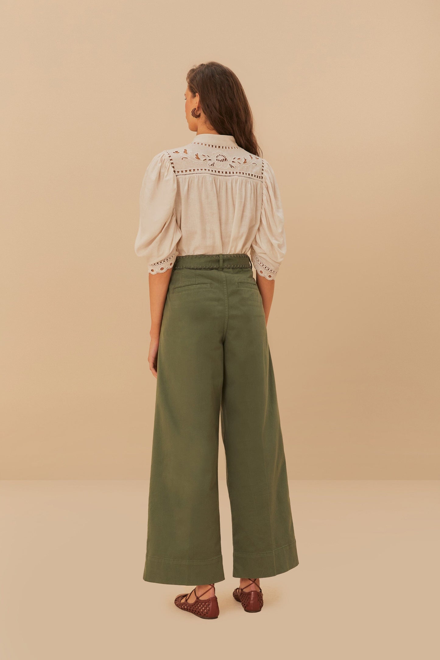  Green Twill Pleated Wide Pants