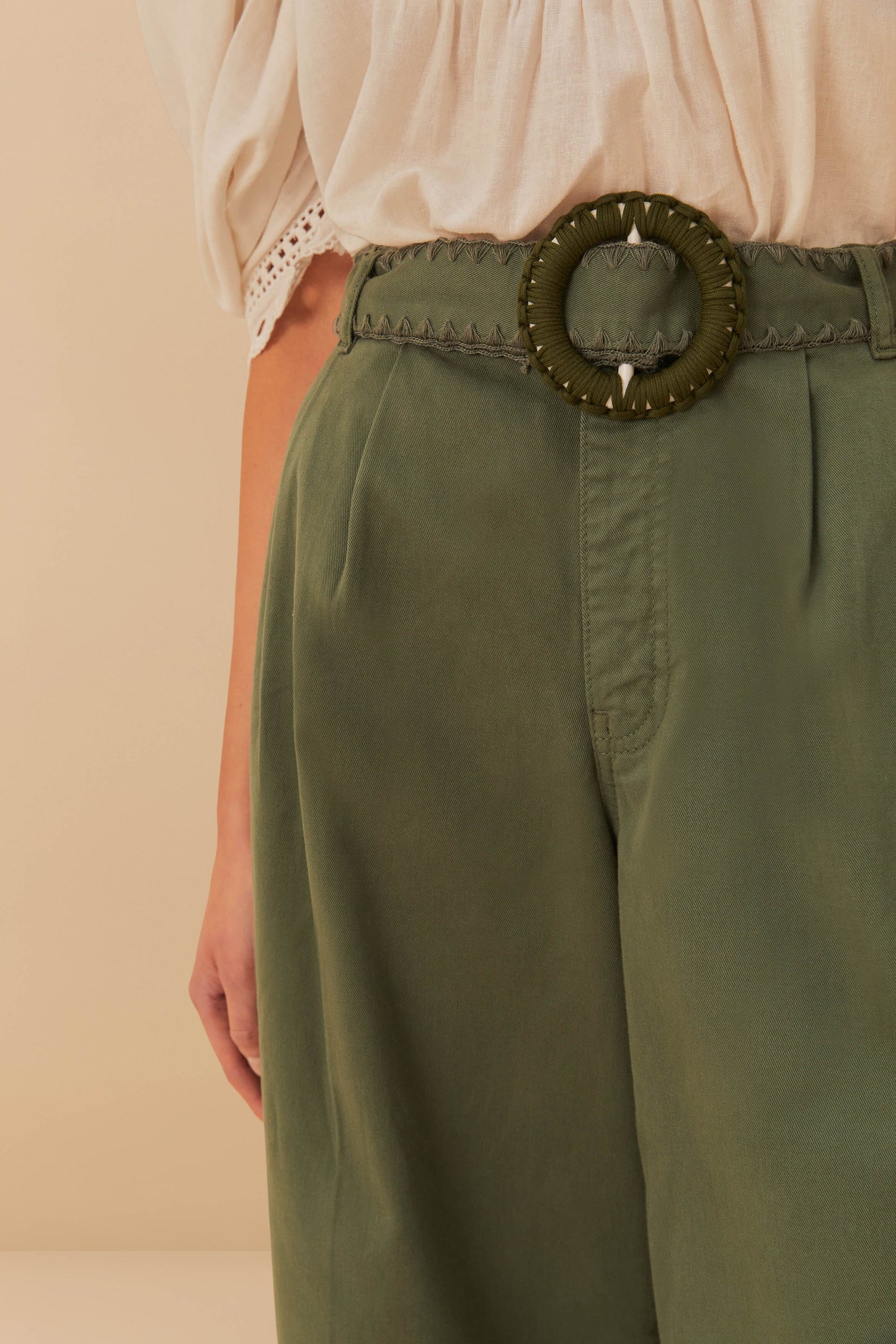  Green Twill Pleated Wide Pants