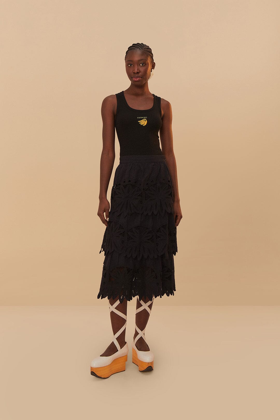  Black Daisy Embroidered Midi Skirt