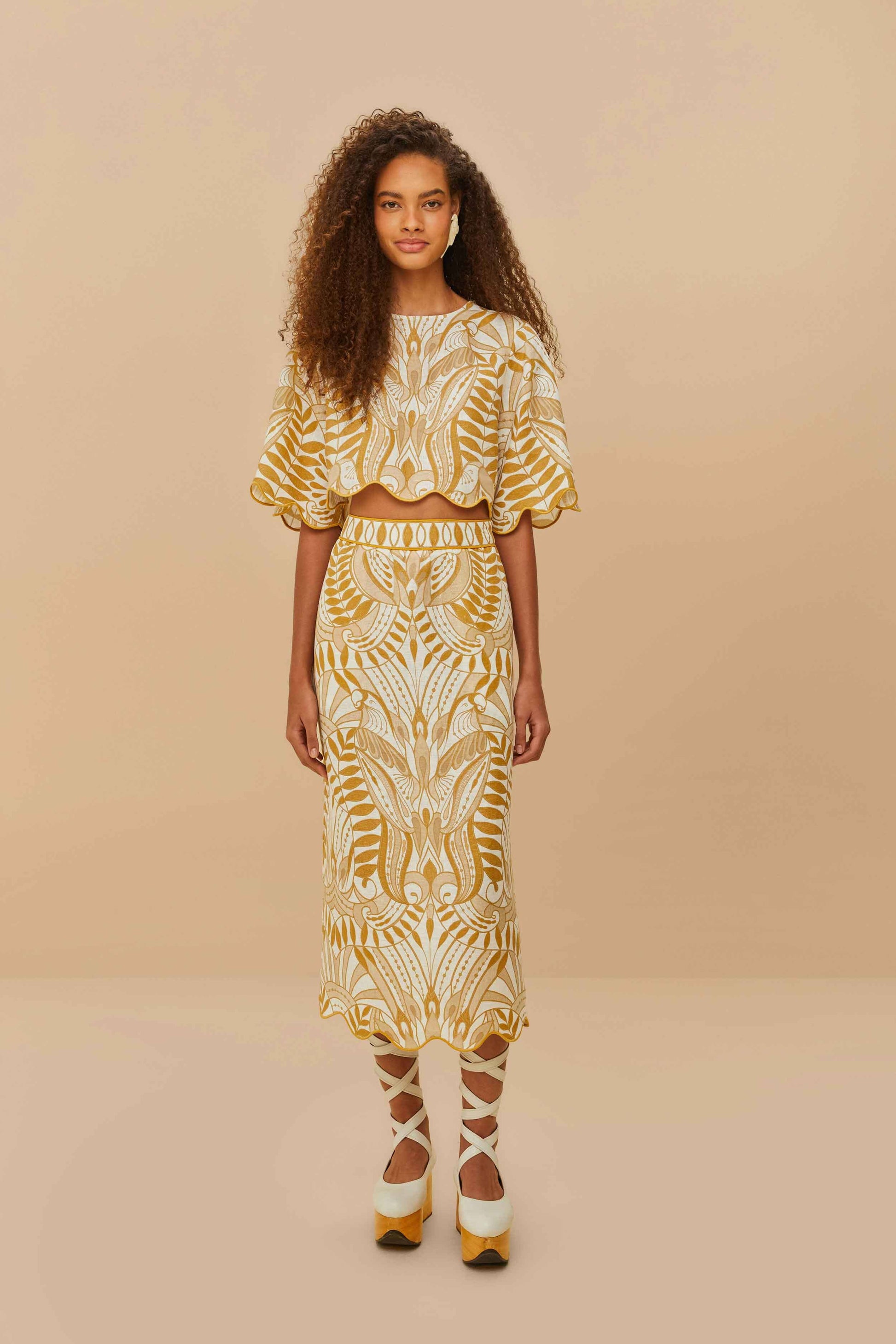  Off-White Lace Nature Euroflax™ Premium Linen Midi Skirt