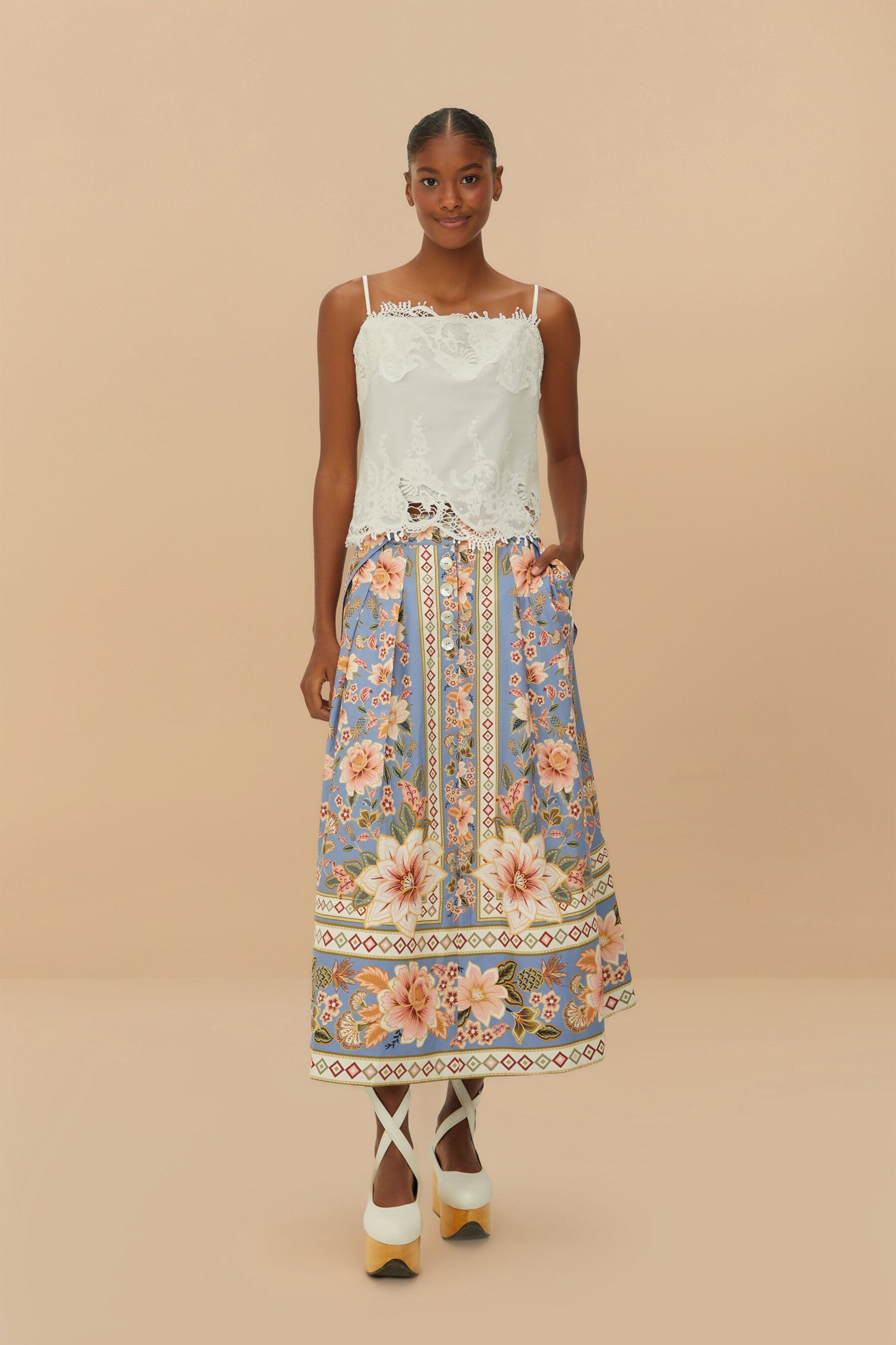  Blue Superbloom Tapestry Buttoned Maxi Skirt