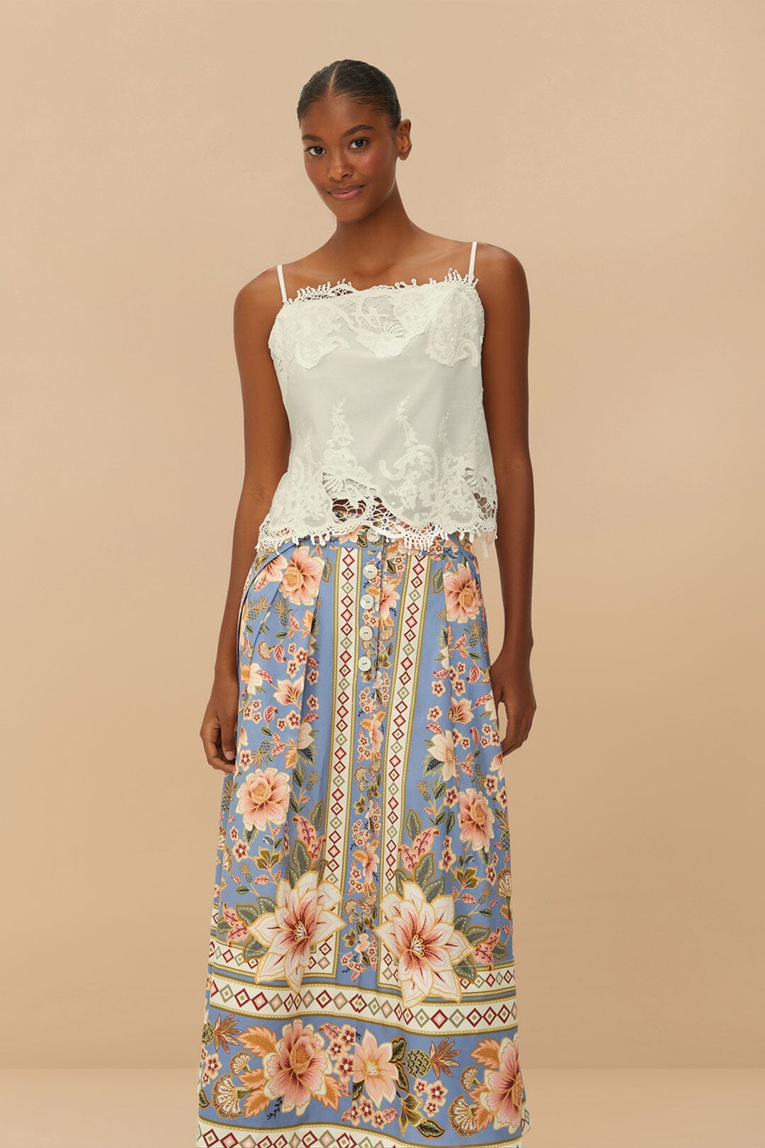  Blue Superbloom Tapestry Buttoned Maxi Skirt