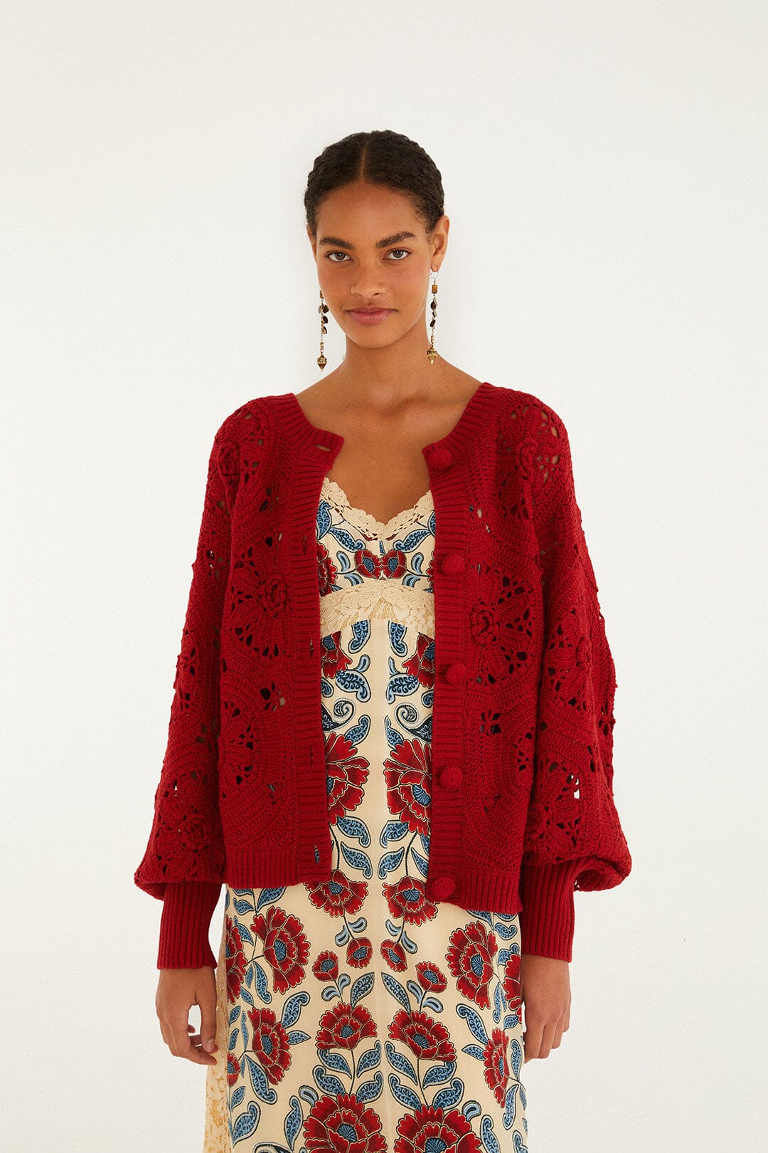 Farm Rio Red Crochet Flower Knit Cardigan