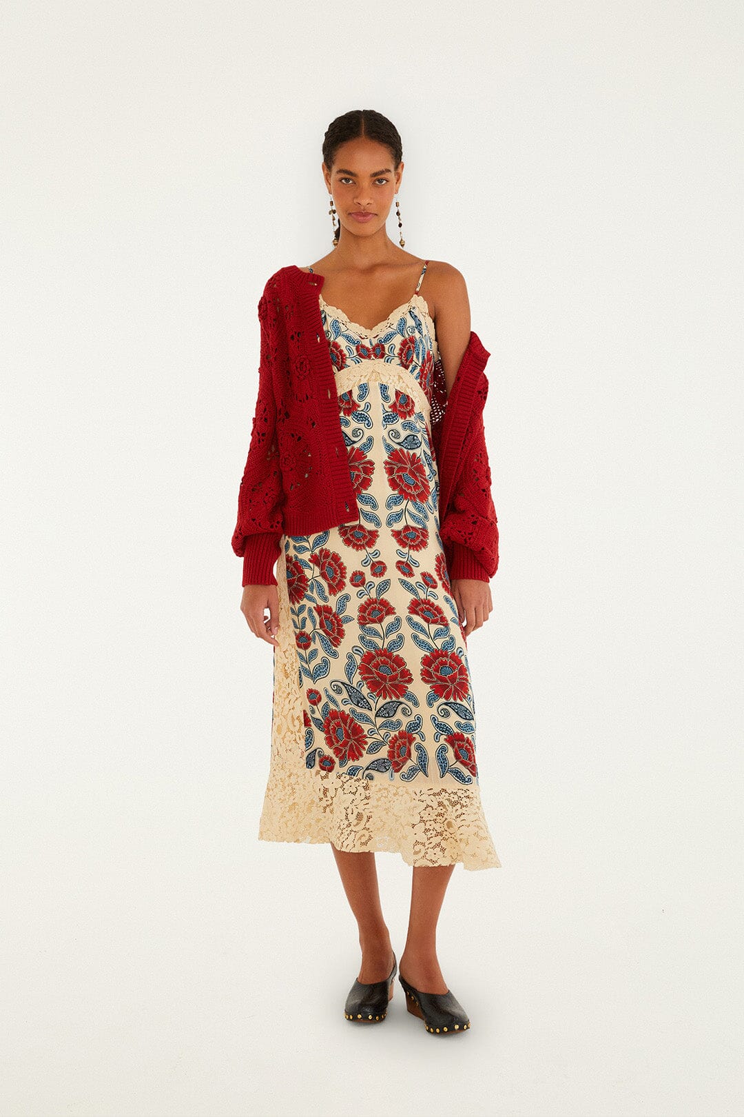 Farm Rio Red Crochet Flower Knit Cardigan