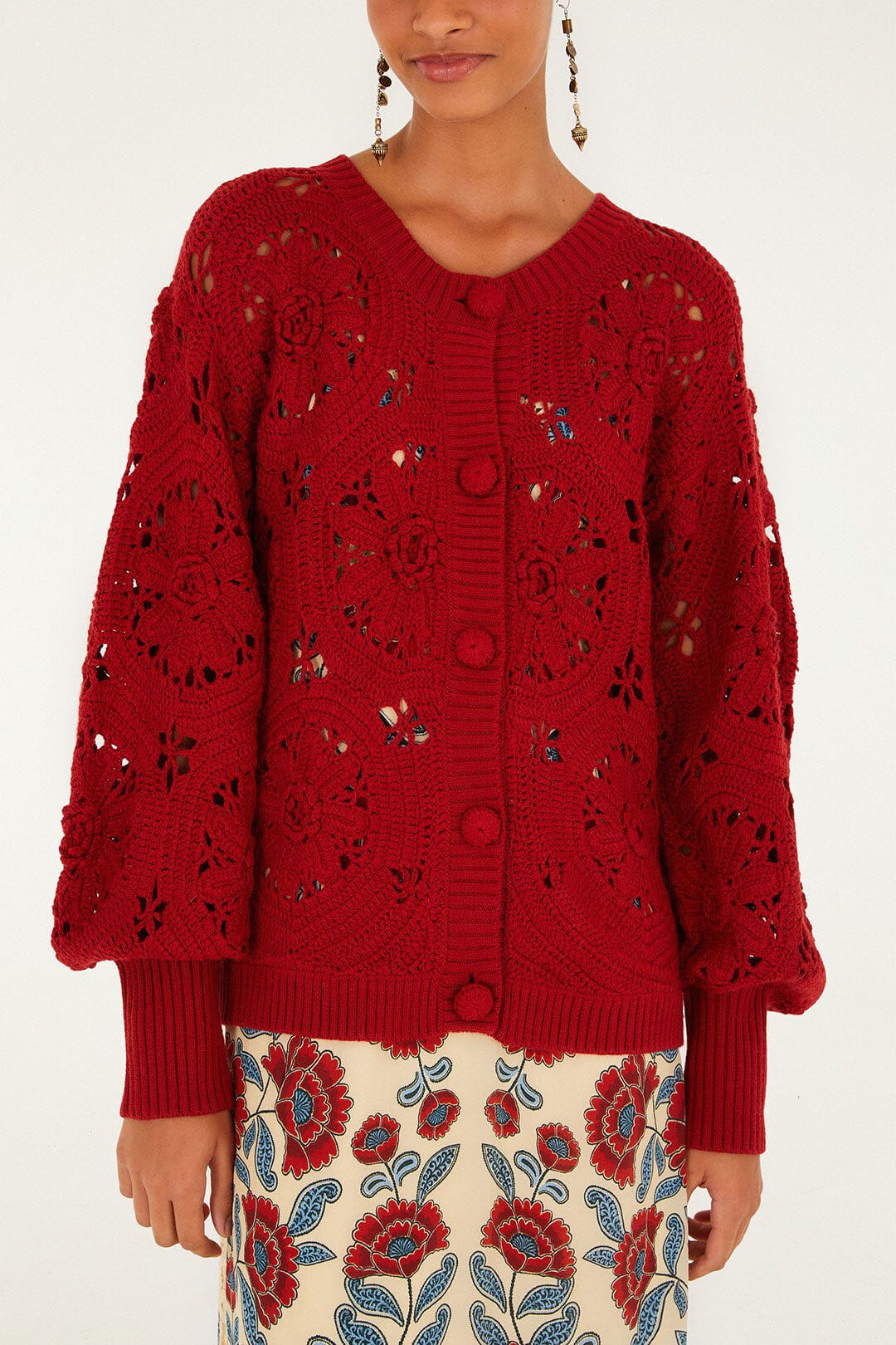 Farm Rio Red Crochet Flower Knit Cardigan