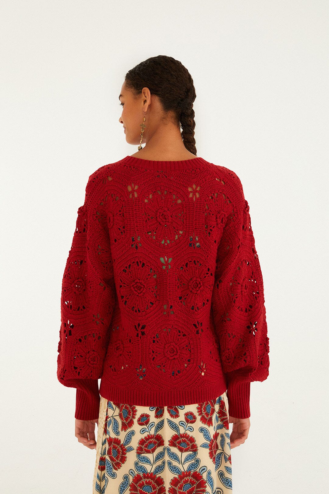 Farm Rio Red Crochet Flower Knit Cardigan
