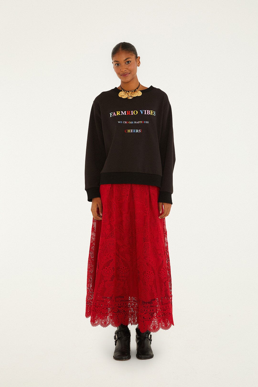Farm Rio Red Guipure Boho Garden Skirt