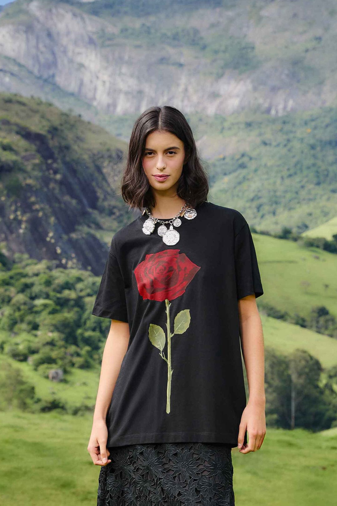 Farm Rio Black Rose Organic Cotton Relaxed T-Shirt