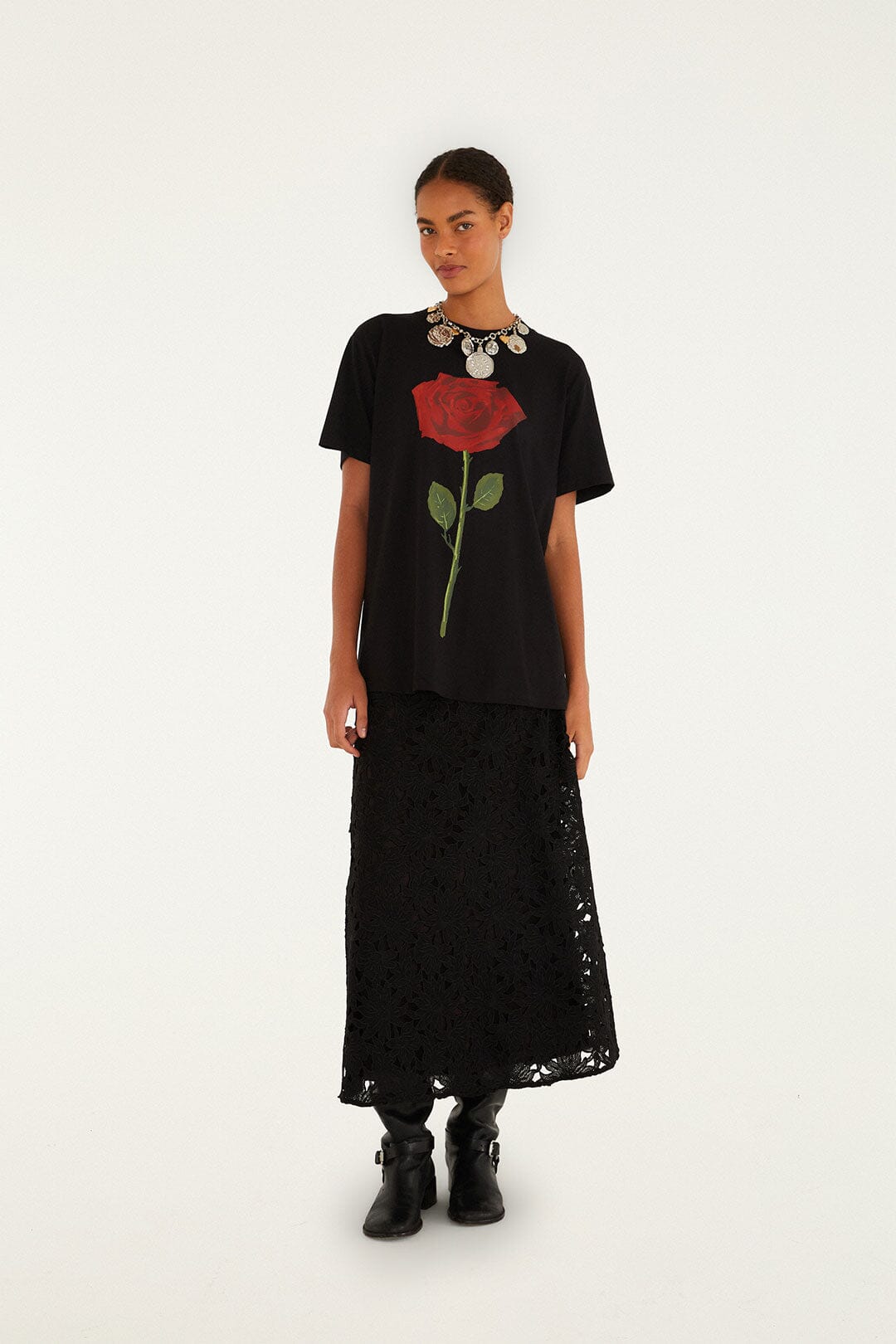 Farm Rio Black Rose Organic Cotton Relaxed T-Shirt
