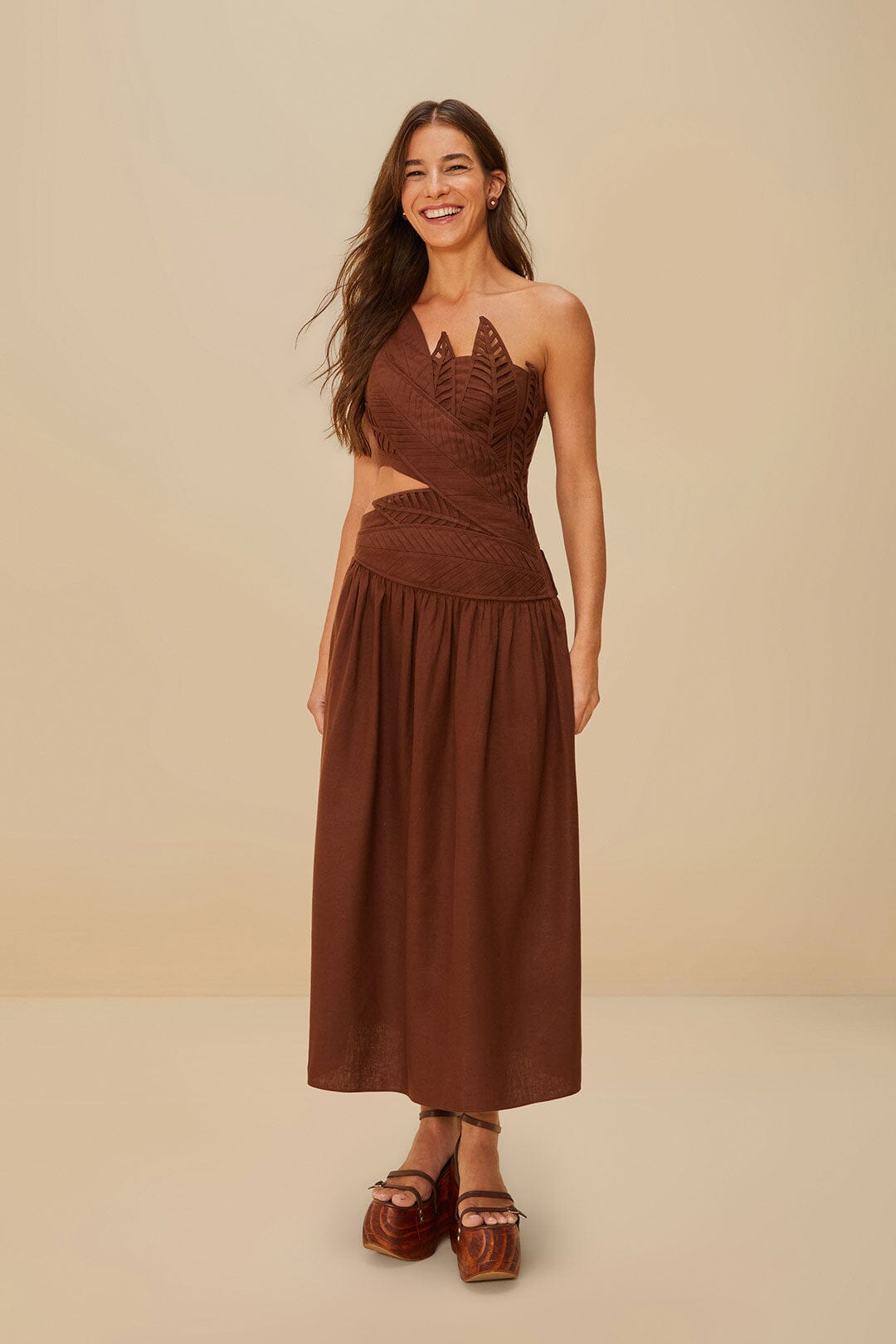 Burgundy Leaves Cut-Out LENZING™ ECOVERO™ Euroflax™ Midi Dress
