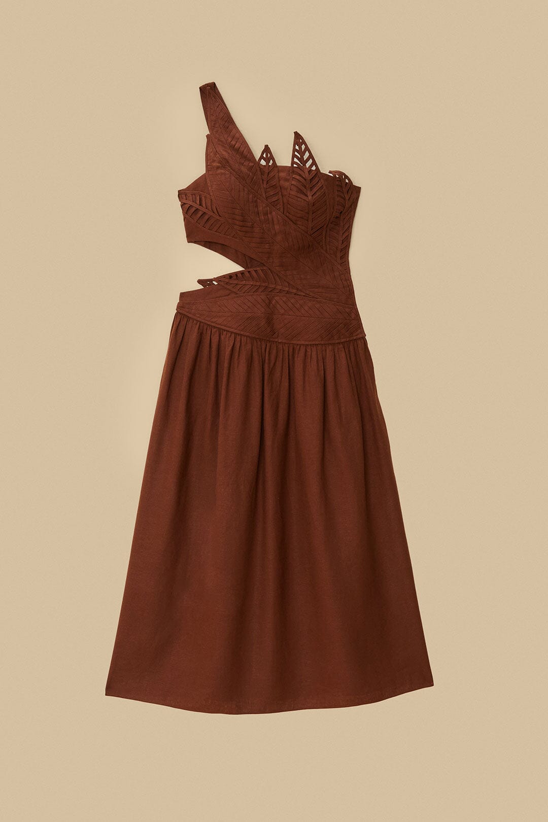  Burgundy Leaves Cut-Out LENZING™ ECOVERO™ Euroflax™ Midi Dress