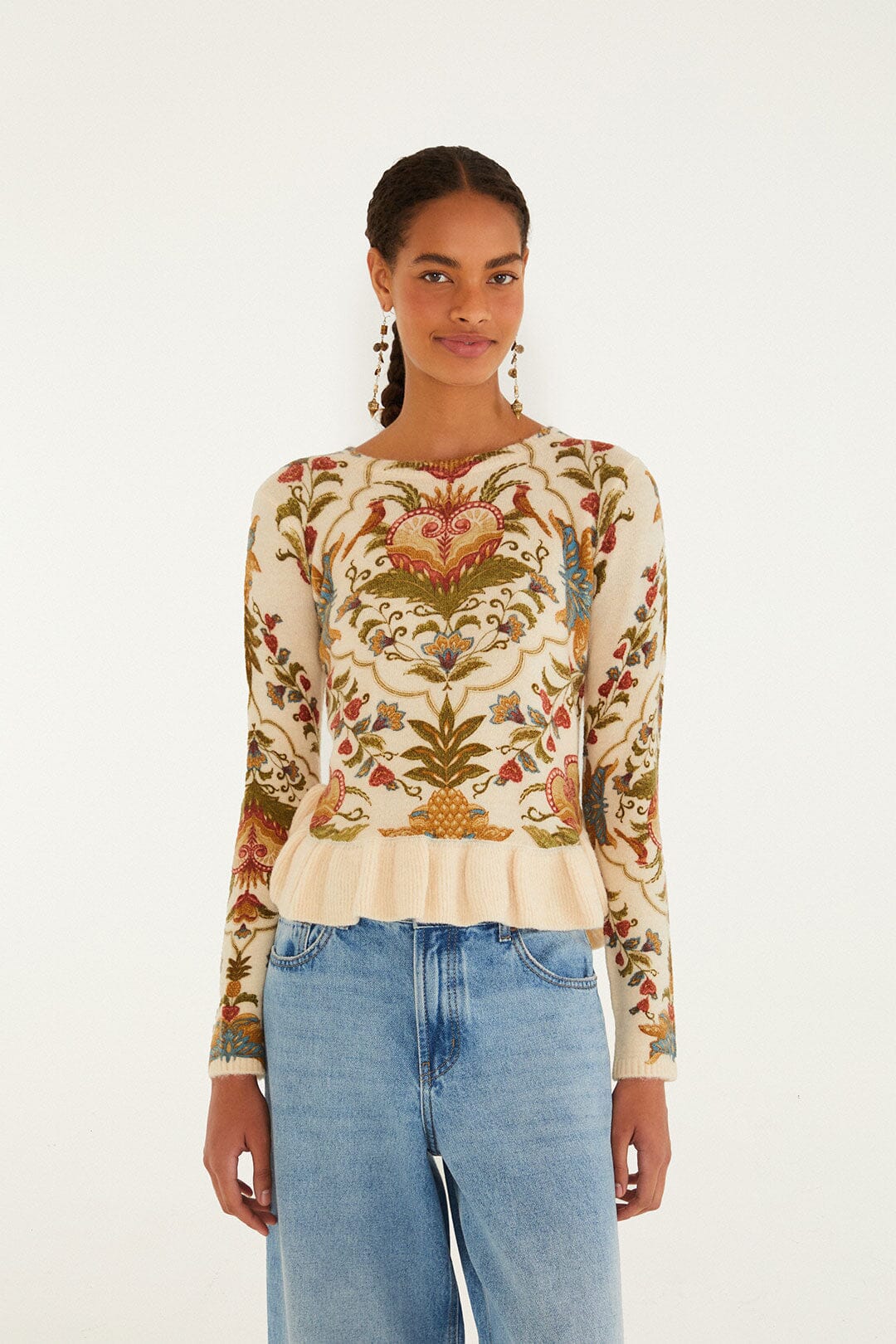 Farm Rio Cream Majestic Hearts Knit Top