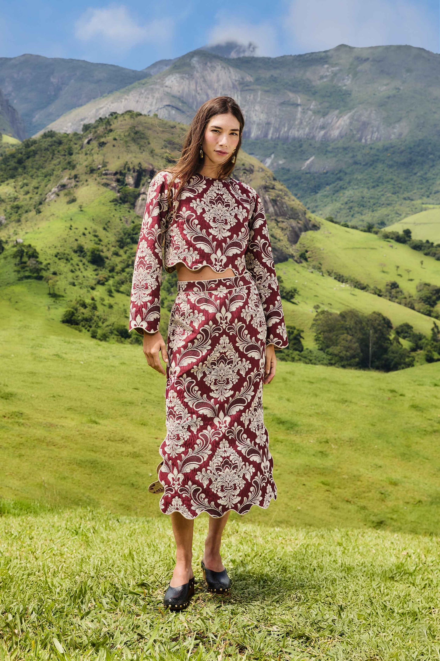 Farm Rio Bicolor Jacquard Waves Midi Skirt