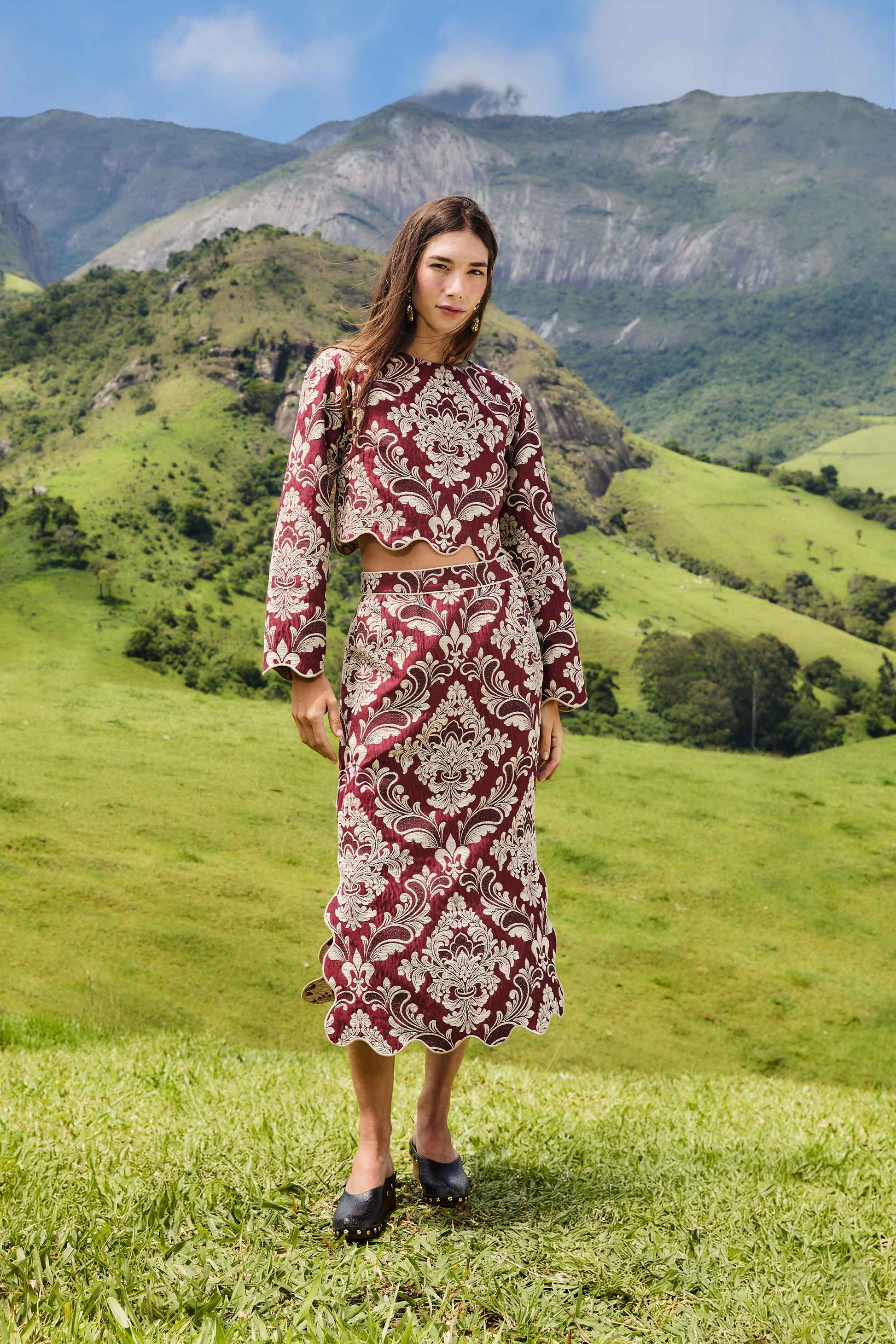 Farm Rio Bicolor Jacquard Waves Midi Skirt