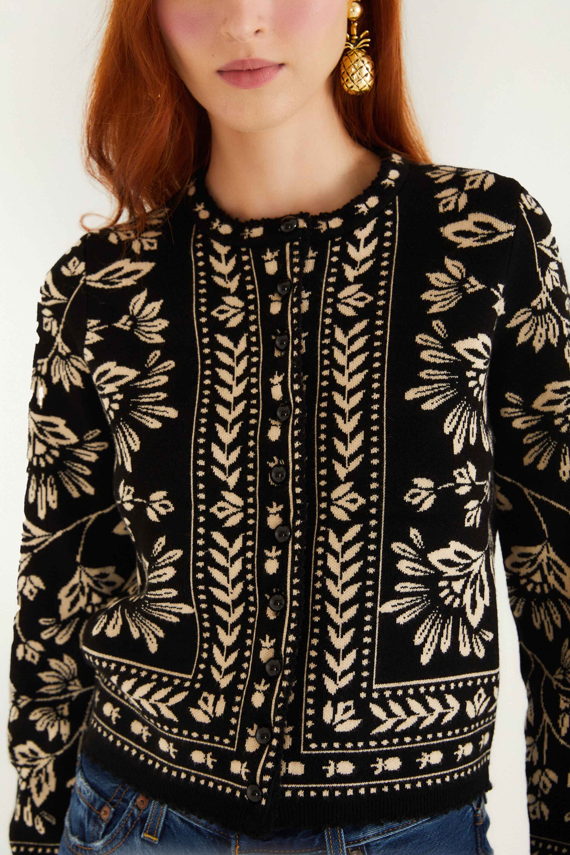 Farm Rio Black And White Flower Bloom Buttoned Knit Cardigan