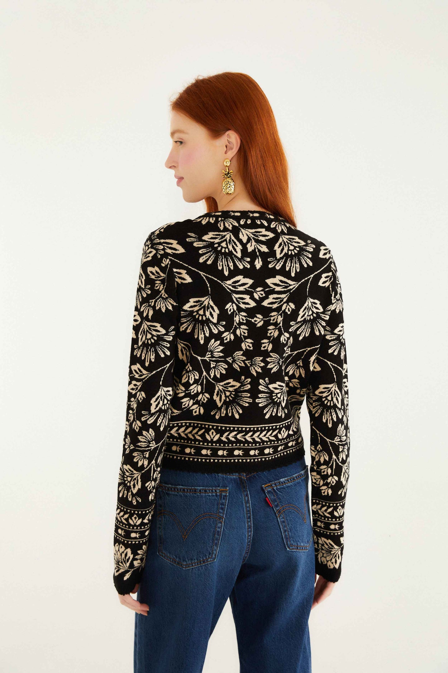 Farm Rio Black And White Flower Bloom Buttoned Knit Cardigan