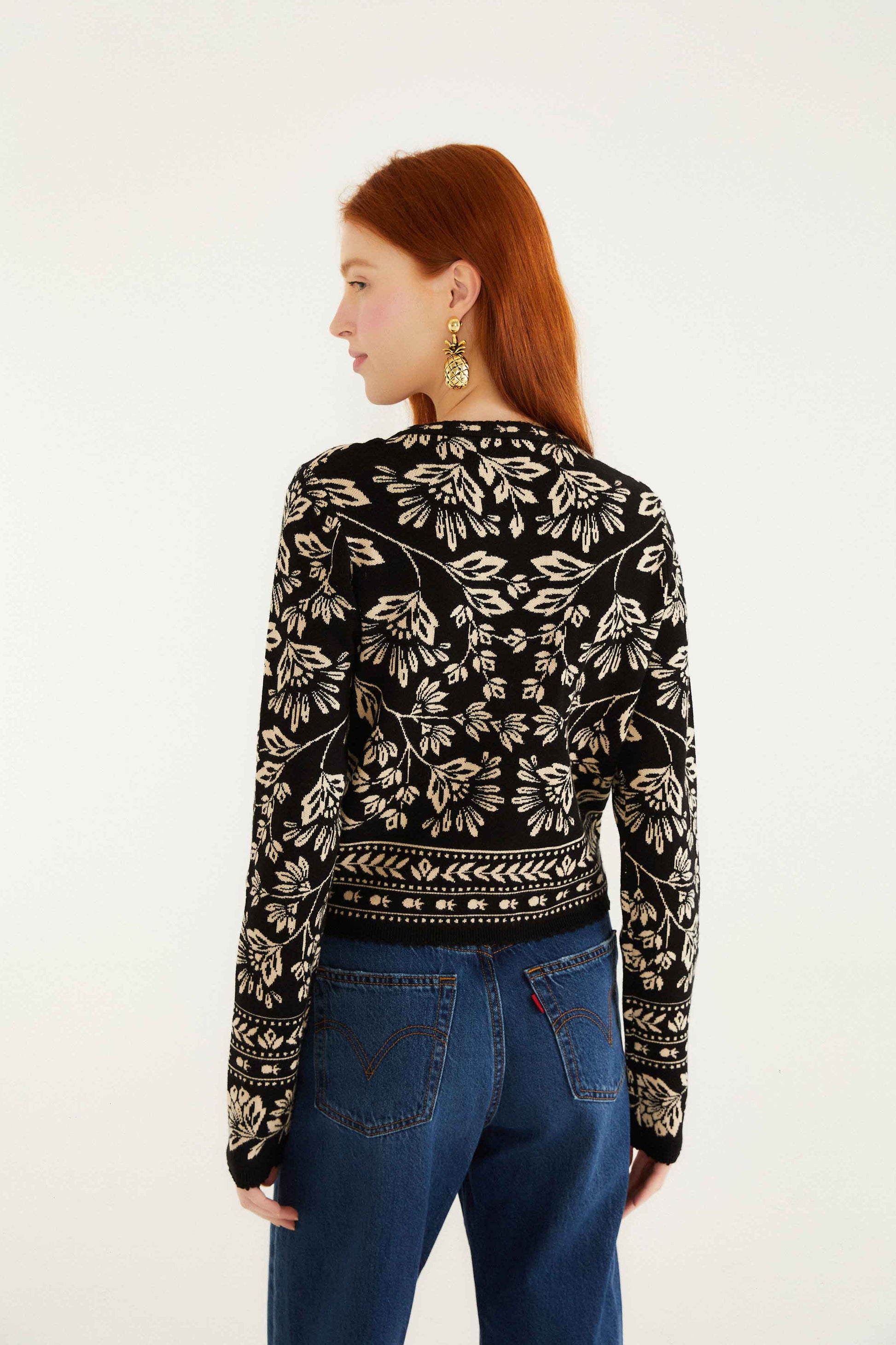 Farm Rio Black And White Flower Bloom Buttoned Knit Cardigan