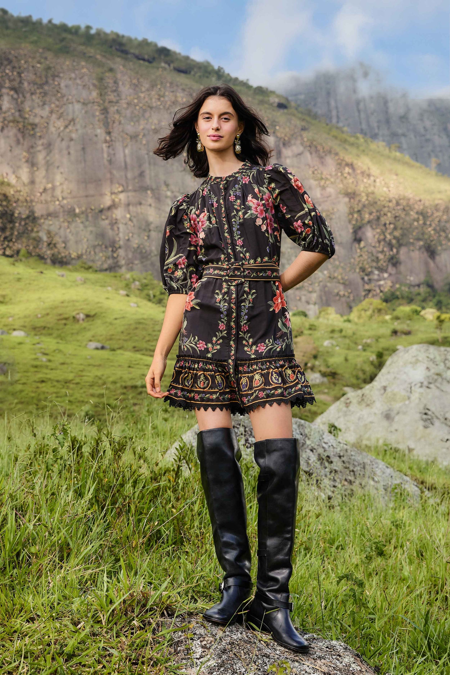 Farm Rio Black Belle Garden Lace Belted Mini Dress