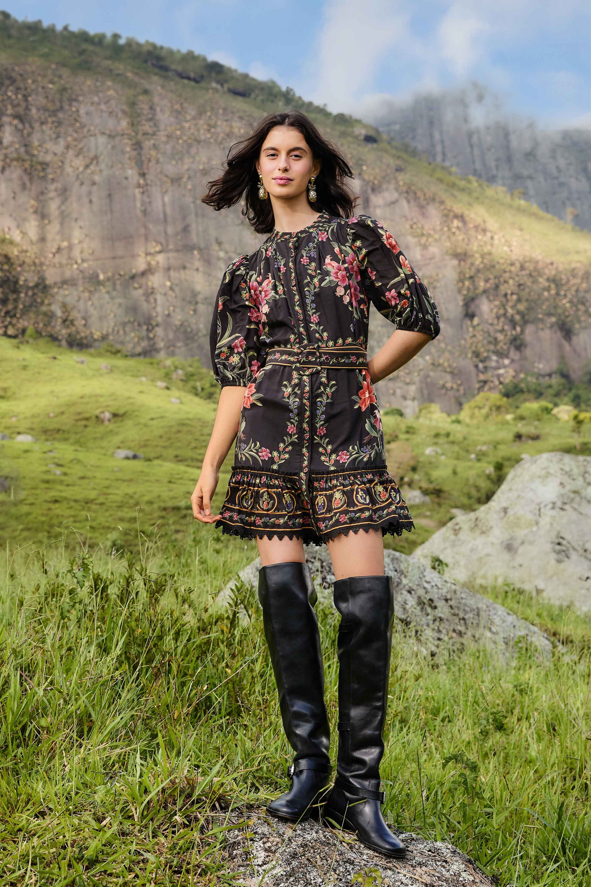 Farm Rio Black Belle Garden Lace Belted Mini Dress