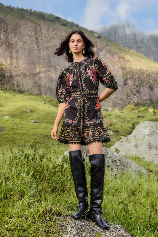 Farm Rio Black Belle Garden Lace Belted Mini Dress
