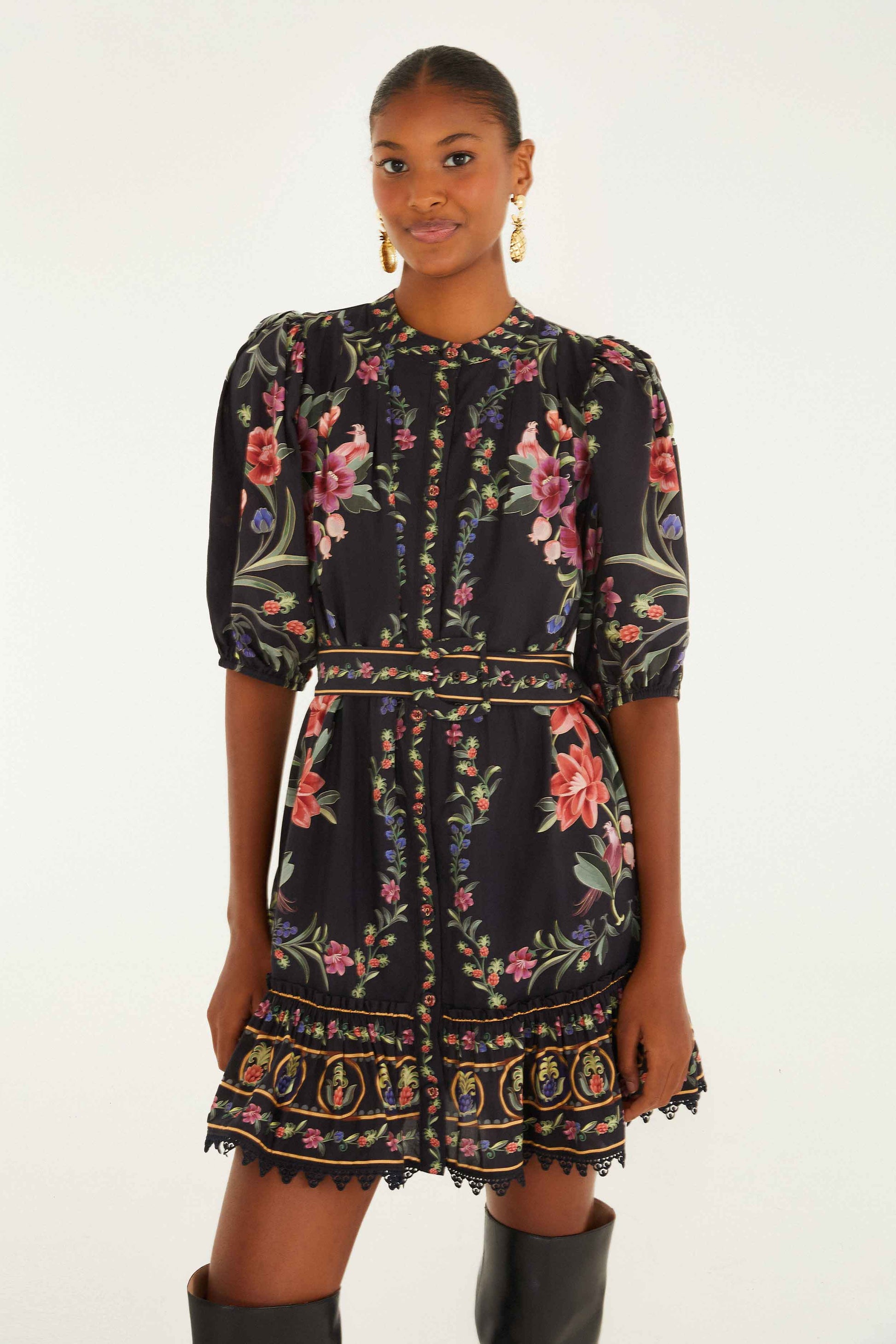 Farm Rio Black Belle Garden Lace Belted Mini Dress