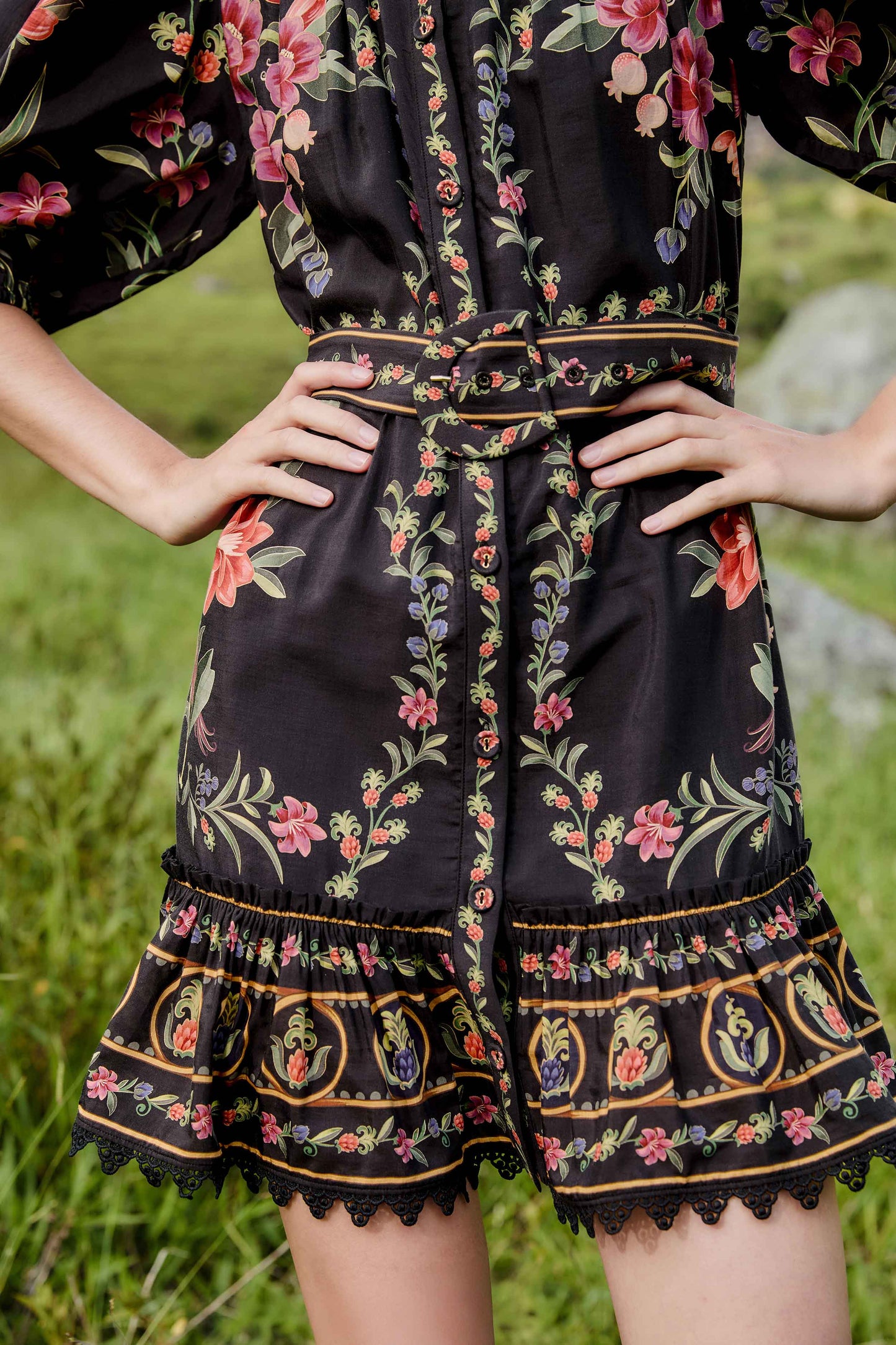 Farm Rio Black Belle Garden Lace Belted Mini Dress