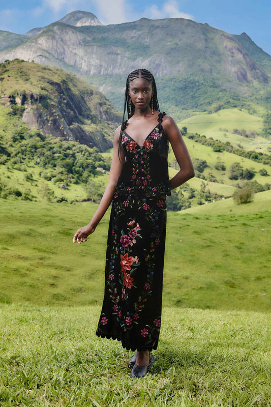 Farm Rio Black Belle Garden Scallop Hem Midi Skirt