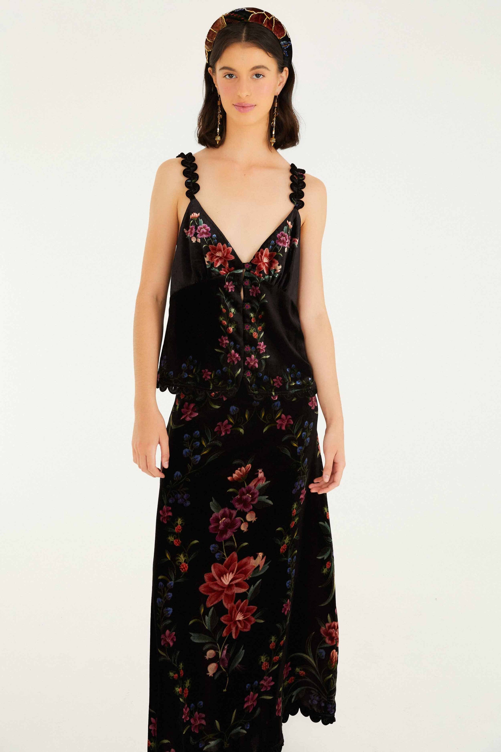 Farm Rio Black Belle Garden Scallop Hem Midi Skirt