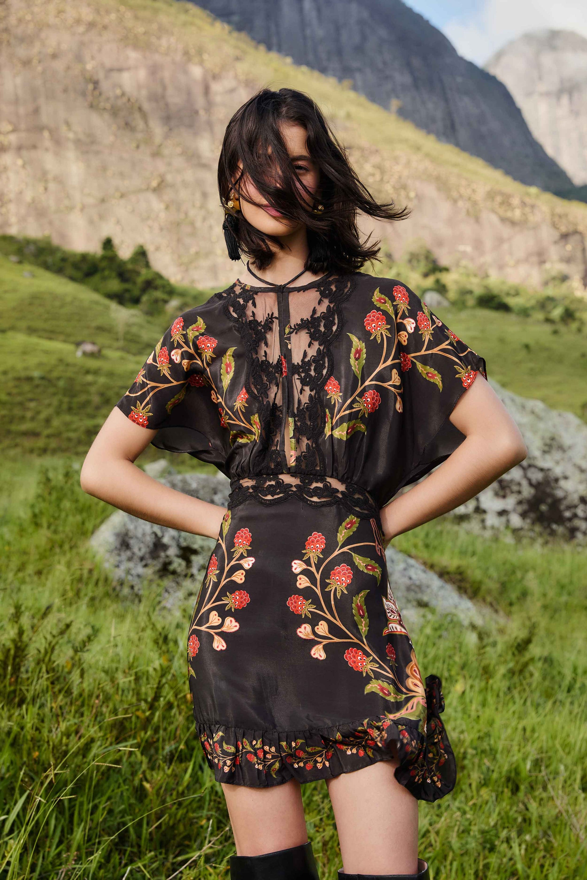 Farm Rio Black Berry Garden Mini Dress
