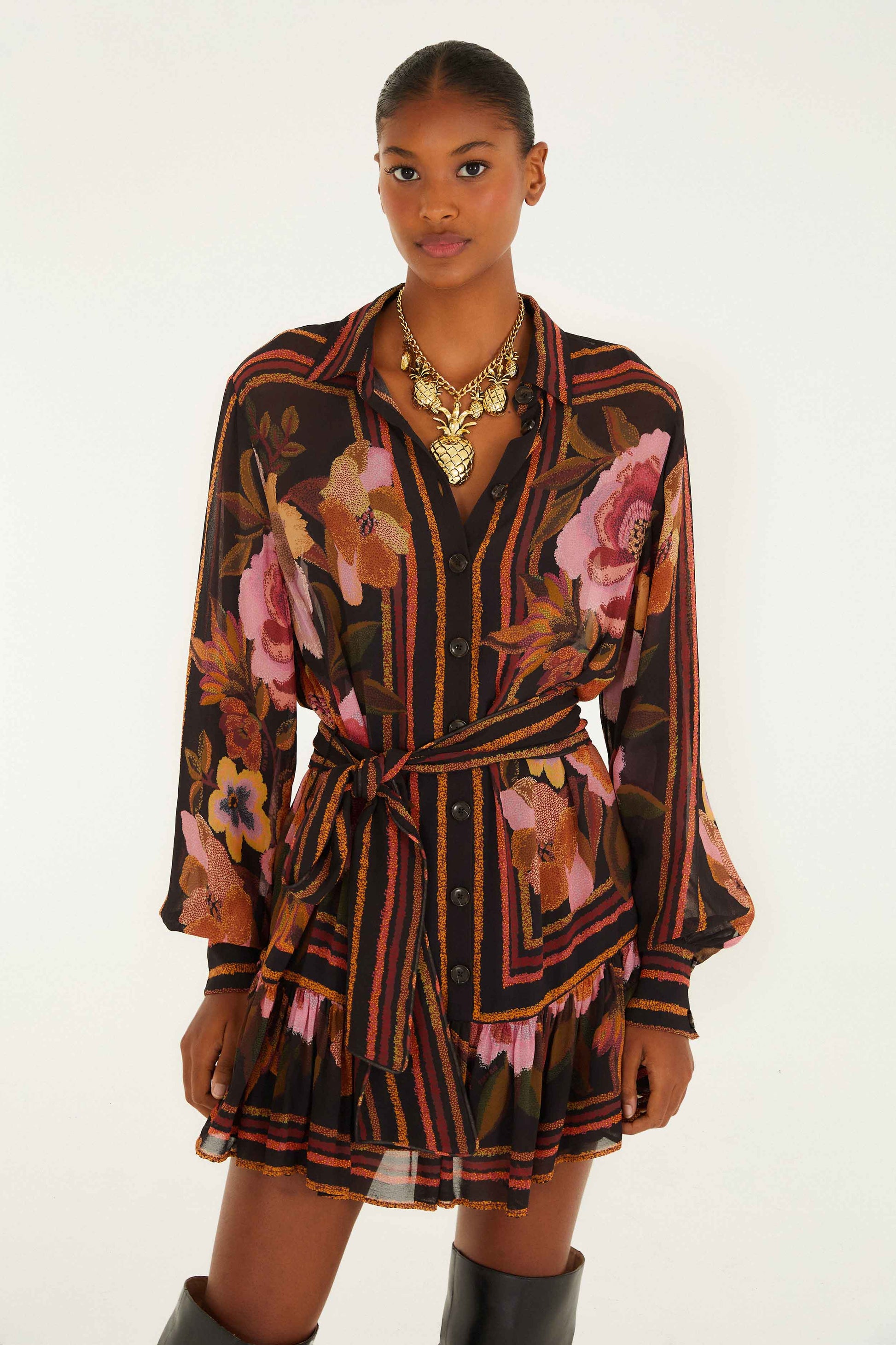 Farm Rio Black Chenille Flowers Belted Long Sleeve Mini Dress