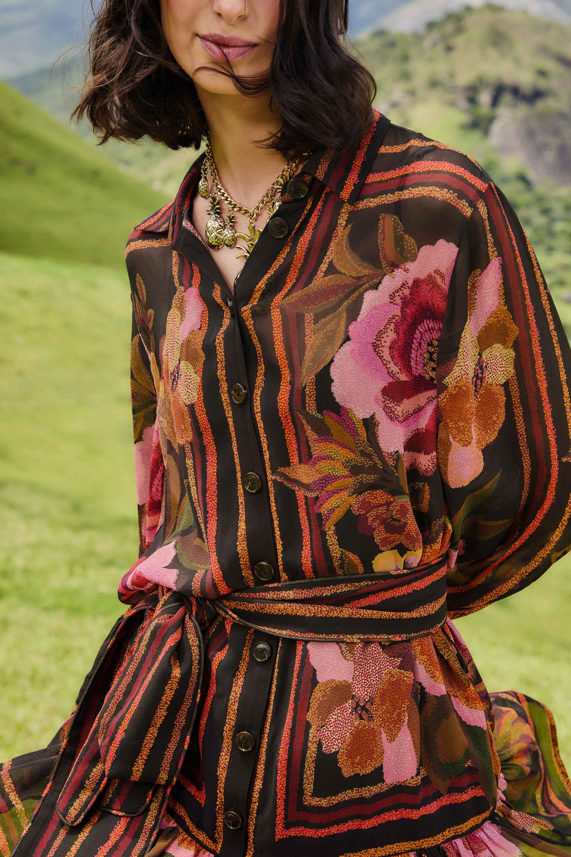 Farm Rio Black Chenille Flowers Belted Long Sleeve Mini Dress