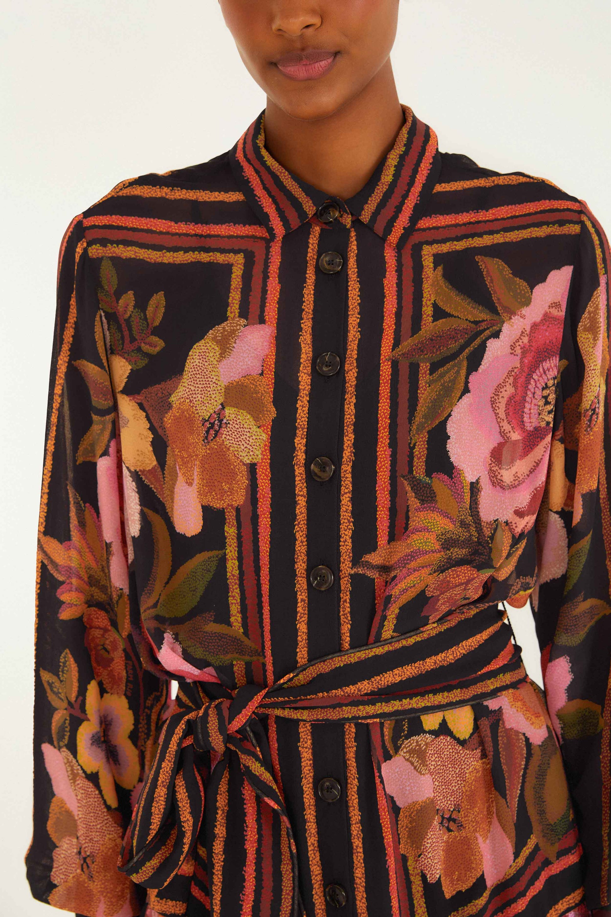 Farm Rio Black Chenille Flowers Belted Long Sleeve Mini Dress