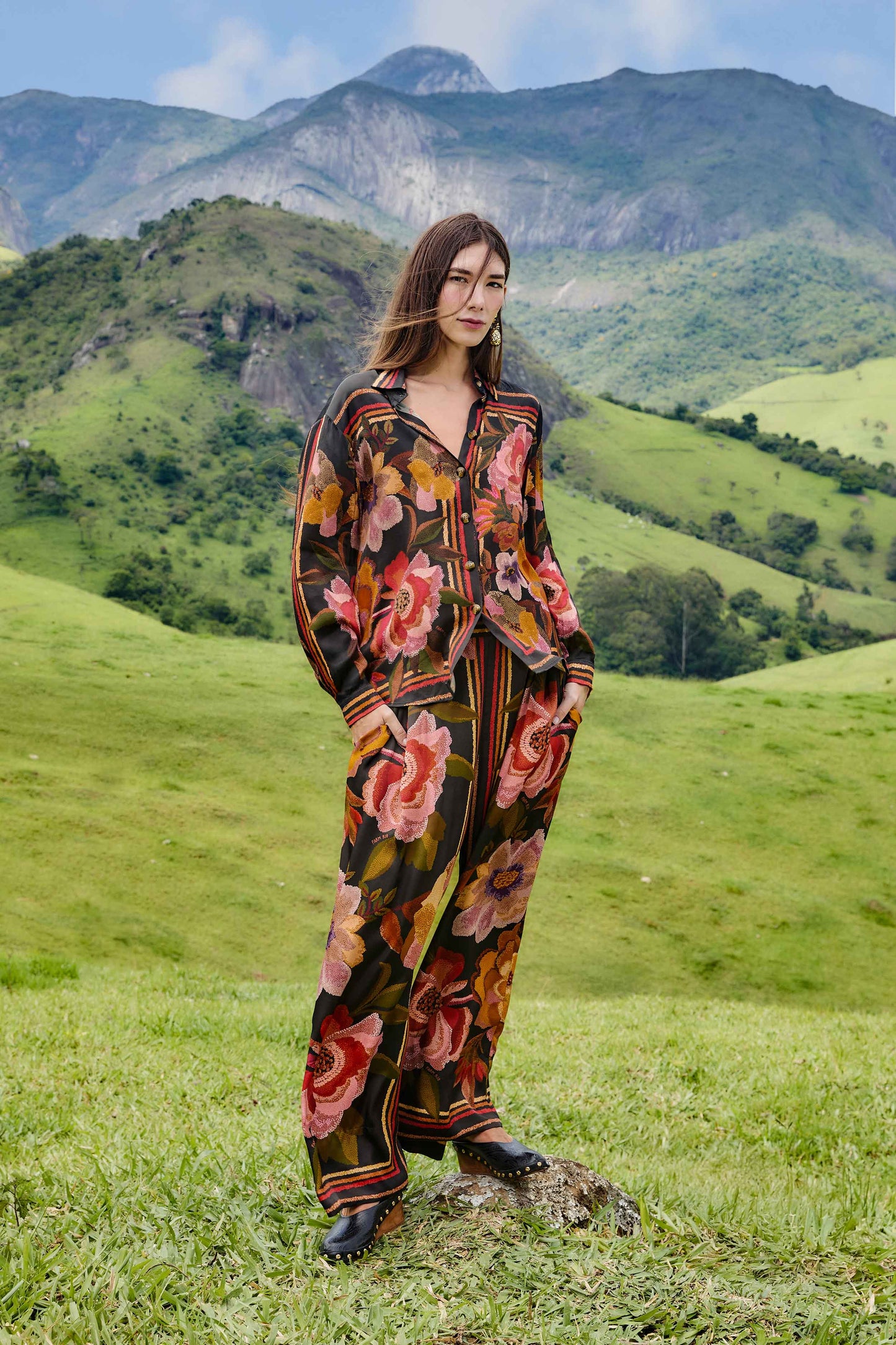 Farm Rio Black Chenille Flowers Lenzing™ Ecovero™ Viscose Shirt