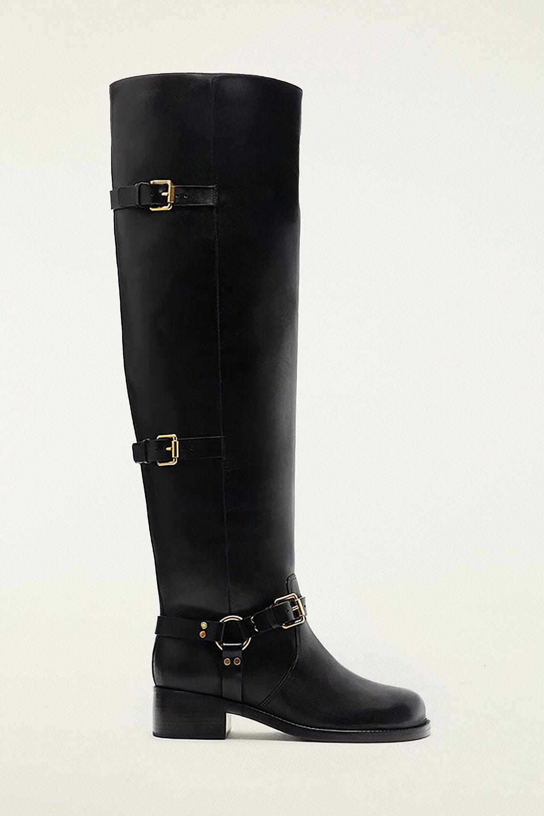 Farm Rio Black Distressed Leather Buckled Over-The-Knee Boot