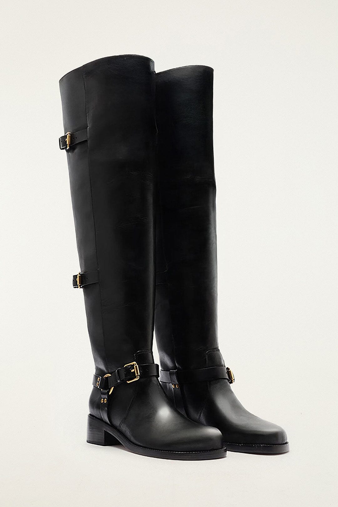 Farm Rio Black Distressed Leather Buckled Over-The-Knee Boot