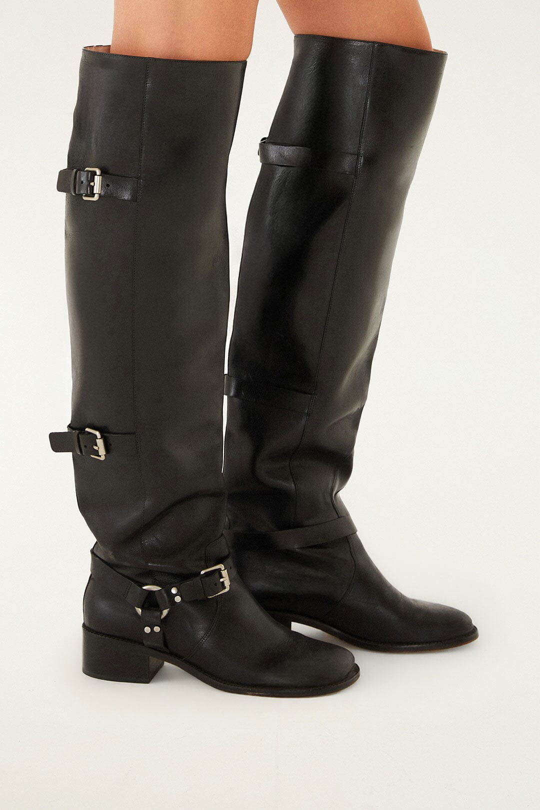 Farm Rio Black Distressed Leather Buckled Over-The-Knee Boot