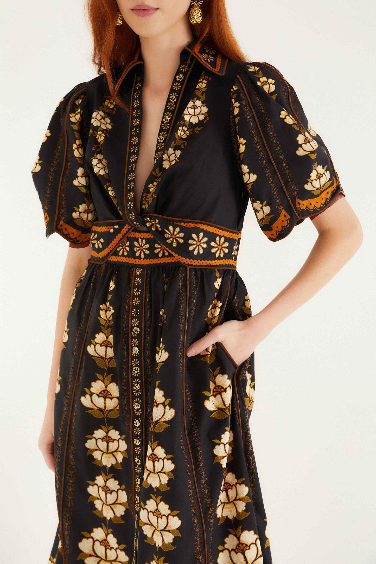 Farm Rio Black Embroidered Flowers Organic Cotton Midi Dress